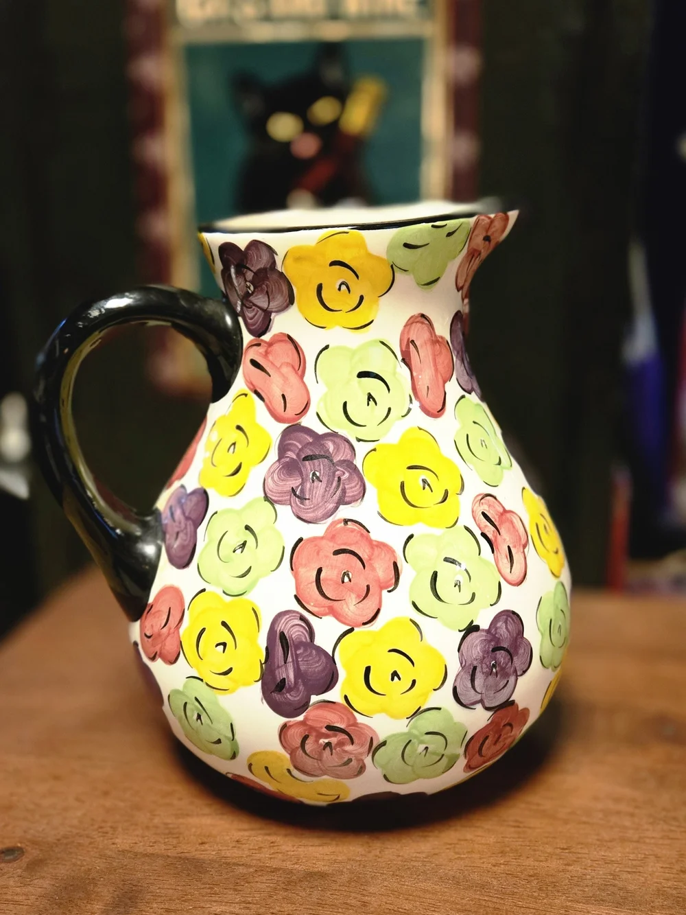 Pier 1 Multicolor Floral Ceramic Pitcher - Yellow, Green, Purple, Red, Black